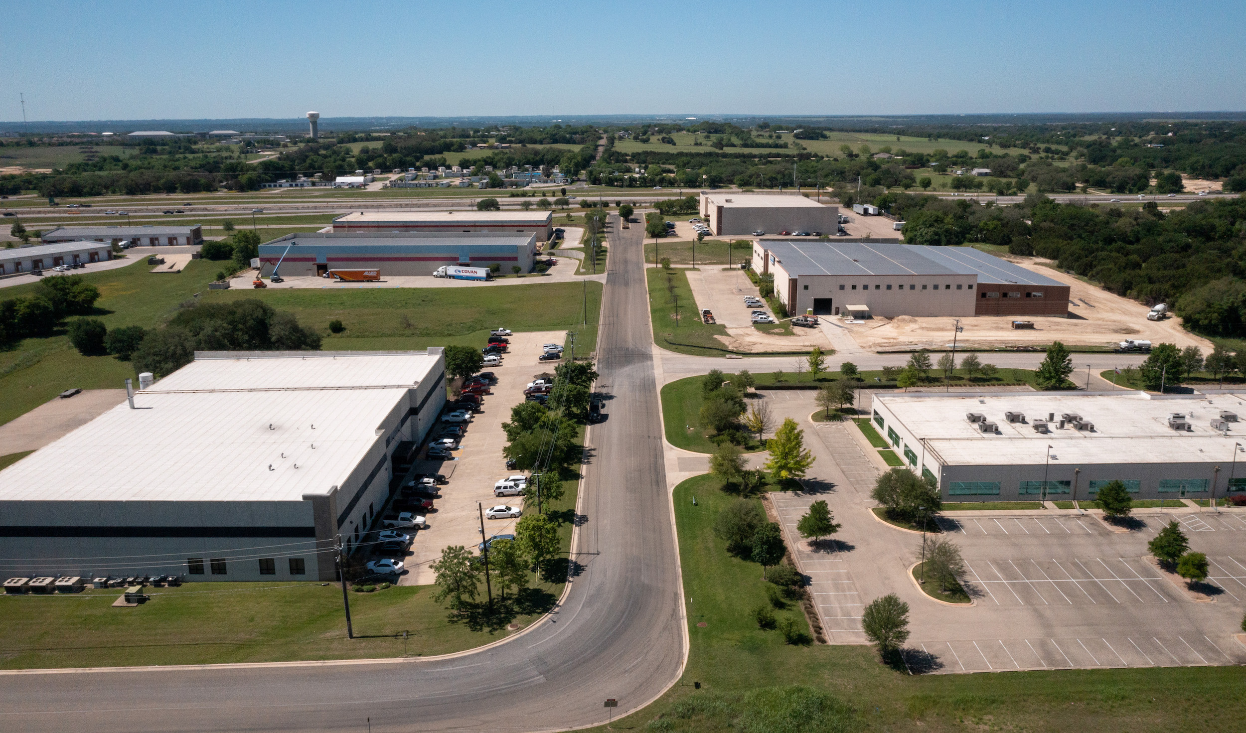 Aerial view of warehouses in the business park